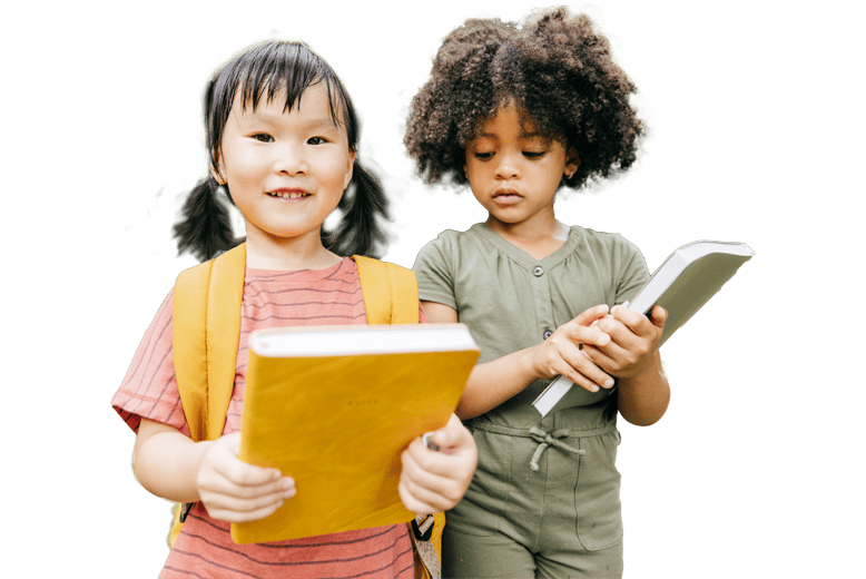 Two children holding books